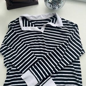 Black and White Striped Long Sleeve Rugby Shirt Size L